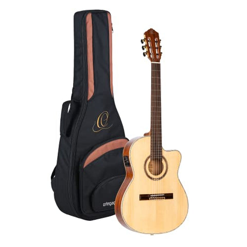 Ortega Guitars 6 String Performer Series Solid Top Thinline Crossover Acoustic-Electric Nylon Classical Guitar w/Bag, Right (RCE138-T4)