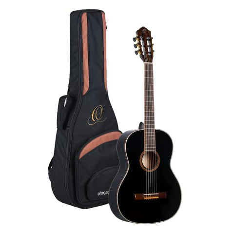Ortega Guitars 6 String Family Series Size Nylon Classical Guitar w/Bag, Right, Spruce Top-Black-Gloss, Full - Slim Neck (R221SNBK)