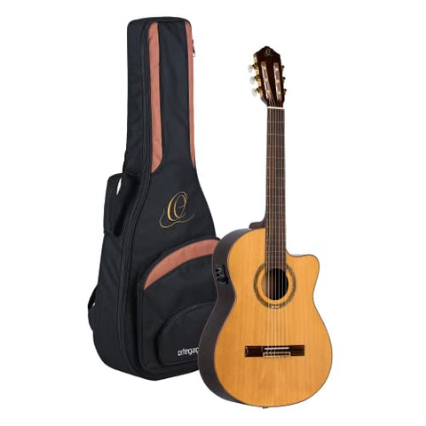 Ortega Guitars 6 String Performer Series Solid Top Medium Neck Acoustic-Electric Nylon Classical Guitar w/Bag, Right (RCE159MN)