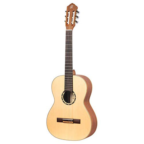 Ortega Guitars 6 String Family Series 7/8 Size Left-Handed Nylon Classical Guitar w/Bag, Spruce Top-Natural-Satin, (R121-7/8-L)