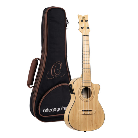 Ortega Guitars, 4-String Bamboo Series All Solid Concert Acoustic-Electric Ukulele w/Bag, Right-handed, Natural, (RUNAB-CC)
