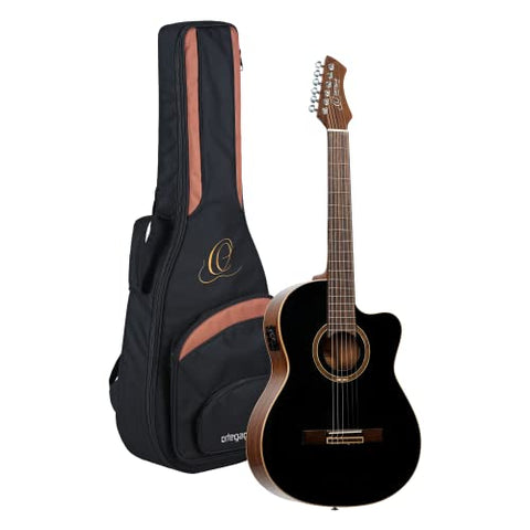 Ortega Guitars 6 String Performer Series Solid Slim Neck Acoustic-Electric Nylon Classical Guitar w/Bag, Right-Handed, Black Top, 4/4 (RCE238SN-BKT)
