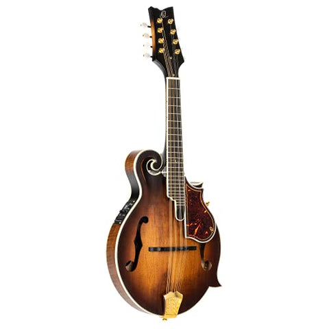 Ortega Guitars, 8-String F-Style Series All Solid Acoustic-Electric Mandolin w/Bag, Right, Gold (RMFE100AVO)