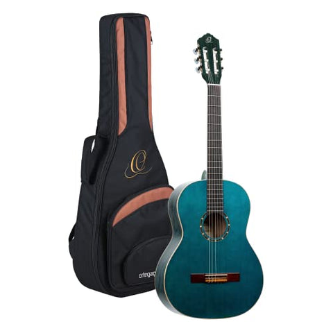 Ortega Guitars 6 String Family Series Full Size Slim Neck Nylon Classical Guitar w/Bag, Right-Handed, Ocean Blue, 4/4 (R121SNOC)
