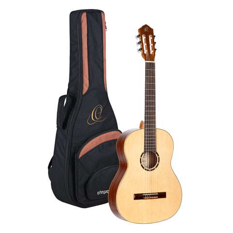Ortega Guitars 6 String Family Series Full Size Nylon Classical Guitar w/Bag, Right, Spruce Top-Natural-Gloss, (R121G)