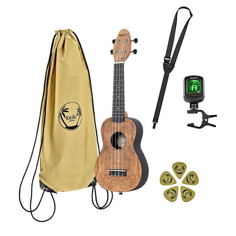 Ortega Guitars, 4-String Keiki Exotic Wood Series Soprano Left-Handed Ukulele Pack-Icludes: Tuner, Picks, Strap & Tote Bag, Spalted Maple, (K3-SPM-L)