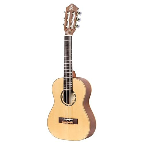 Ortega Guitars 6 String Family Series 1/4 Size Left-Handed Nylon Classical Guitar w/Bag, Spruce Top-Natural-Satin, (R121-1/4-L)
