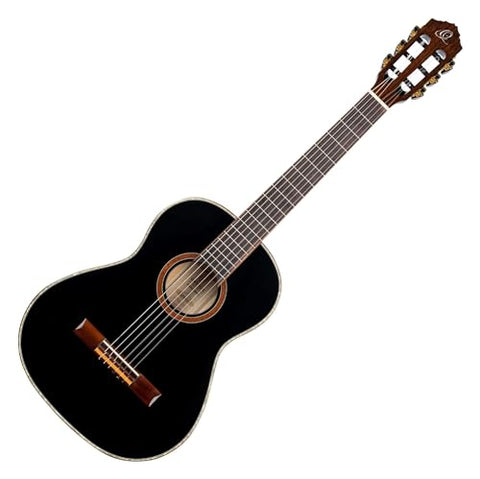 Ortega Guitars 6 String Family Series 3/4 Size Nylon Classical Guitar w/Bag, Right, Spruce Top-Black-Gloss, (R221BK-3/4)