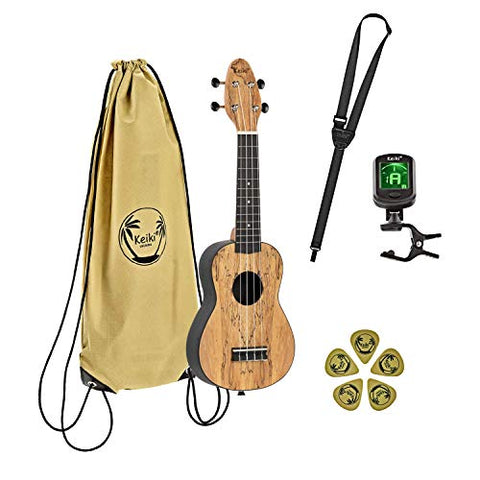 Ortega Guitars, 4-String Keiki Exotic Wood Series Soprano Ukulele Pack-Icludes: Tuner, Picks, Strap & Tote Bag, Right, Spalted Maple, (K3-SPM)