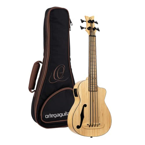Ortega Guitars 4 String Bamboo Series All Solid Acoustic-Electric Uke-Bass w/Bag, Right-handed, Natural, (RUNAB-UB)