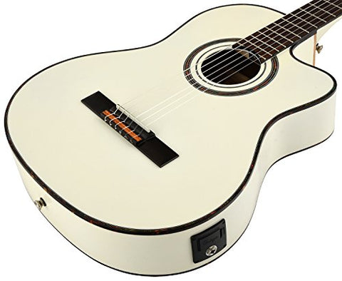 Ortega Guitars 6 String Family Series Pro Solid Top Thinline Acoustic-Electric Nylon Classical Guitar w/Bag, Right (RCE145WH)