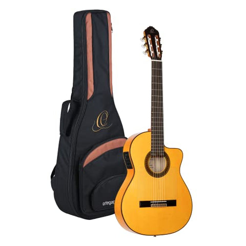 Ortega Guitars 6 String Traditional Series - Made in Spain Flamenco Solid Top Thinline Acoustic-Electric Classical Guitar w/Bag, Right-Handed, Natural, 4/4 (RCE270FT)