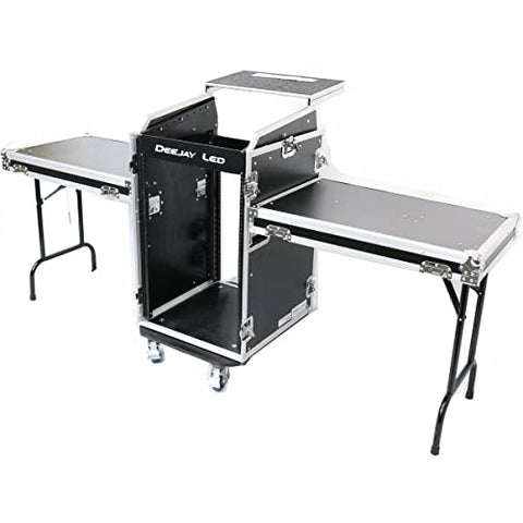 DEEJAY LED Fly Drive Case 11u Space Slant Mixer Rack / 16u Space Vertical Rack System W/Caster Board & Two Side Tables & Laptop Shelf - TBH11M16UCT2LT
