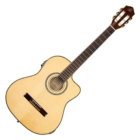 Ortega Guitars 6 String Family Series Pro Solid Top Thinline Acoustic-Electric Nylon Classical Guitar w/Bag, Right, Full (RCE145NT)