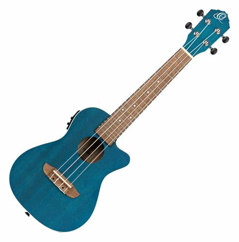 Ortega Guitars, 4-String Earth Series Concert Acoustic/Electric Ukulele, Right, Transparent Ocean Blue, (RUOCEAN-CE)