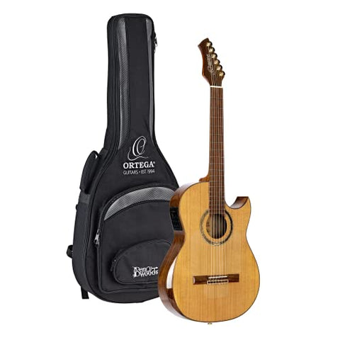 Ortega Guitars 6 String Signature Series Ben Woods Solid Top Thinline Crossover Acoustic-Electric Nylon Classical Guitar w/Bag, Right (FLAMETAL-TWO)
