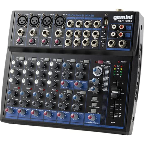 Gemini 12-Channel DJ Audio Mixer with Multi-FX, USB, EQ & Phantom Power – Studio Mixer Board USB, Mixing Console for Music Production, Podcasts, Live Shows & DJ Sets (GEM-12USB)