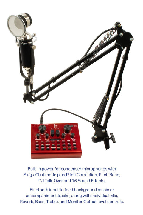 USB audio interface, studio condenser microphone, and tabletop boom stand package for content creators