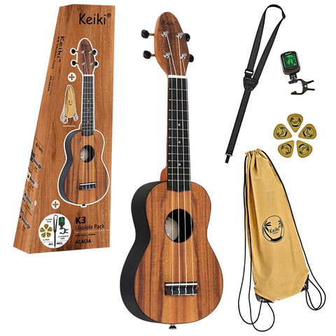Ortega Guitars, 4-String Keiki Exotic Wood Series Soprano Ukulele Pack-Icludes: Tuner, Picks, Strap & Tote Bag, Right, Acacia, (K3-ACA)