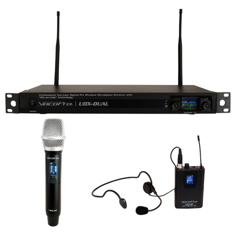 Digital UHF PLL Wireless Mic System with One Handheld Vocal Microphone and One Headset Microphone with Bodypack Transmitter