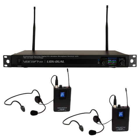 Professional Digital UHF PLL Wireless Mic System with Two Headset Mics and Bodypack Transmitters