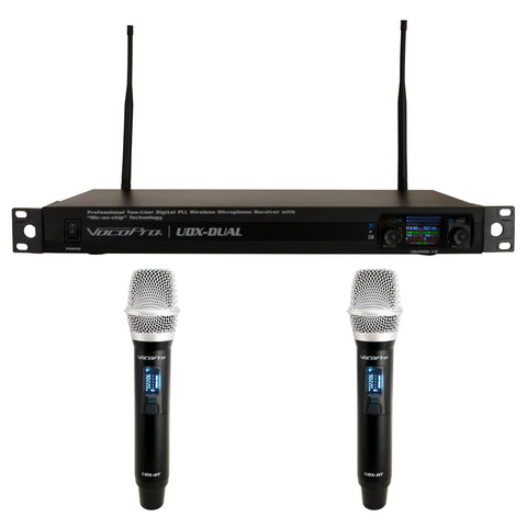 Professional Digital UHF PLL Wireless Mic System with Two Handheld Vocal Microphones