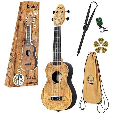 Ortega Guitars, 4-String Keiki Exotic Wood Series Soprano Ukulele Pack-Icludes: Tuner, Picks, Strap & Tote Bag, Right, White Ebony, (K3-WEB)