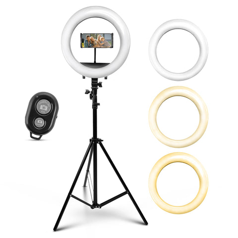 iDance LED Ring Light with Cell Phone Holder, 12", USB Powered with BT Wireless Remote Control and Foldable Adjustable Tripod Stand, Selfie, Makeup Ring Light with Universal iPad Mini Holder