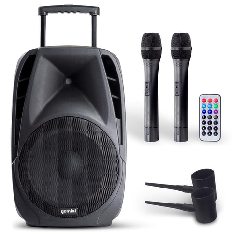 Gemini 15-Inch Portable Bluetooth PA System & Karaoke Speaker – Wireless Rechargeable DJ Speaker with Dual Wireless Microphones, USB/SD, XLR, and AUX – 800W for Events & Outdoor Use (ES-15TOGO)