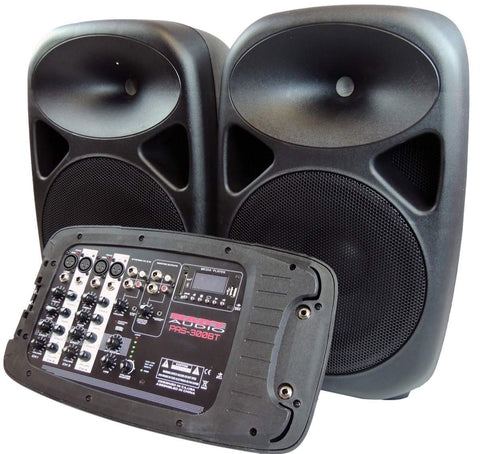 Ultra compact portable PA system w/2 speakers w/Bluetooth & 8-channel powered mixer w/(2x) 2 18 Foot Speaker Cables