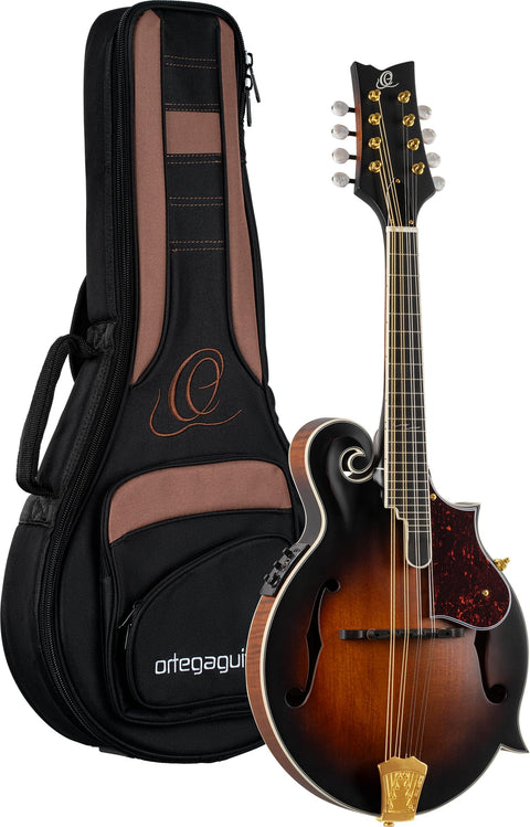 Ortega Guitars, 8-String F-Style Series All Solid Acoustic-Electric Mandolin w/Bag, Right, Gold (RMFE100AVO)