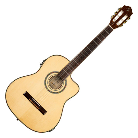 Ortega Guitars 6 String Family Series Pro Solid Top Thinline Acoustic-Electric Nylon Classical Guitar w/Bag, Right, Full (RCE145NT)