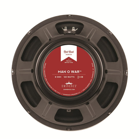 The Eminence Man O War guitar speaker is the work horse of tone. A proven & revered sound  very loud & responsive/articulate in every register. Chunky & solid sound w/a little top end sparkle.