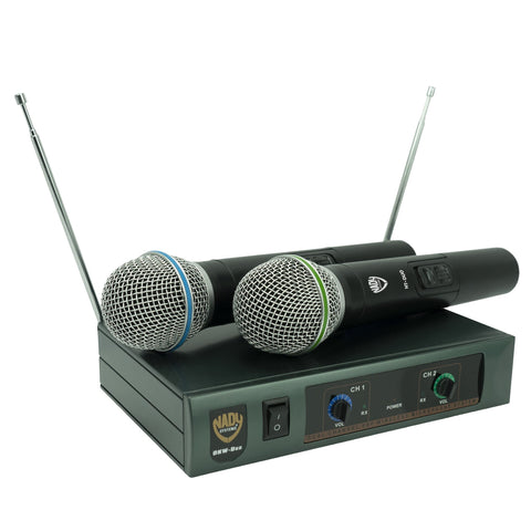 Nady DKW DUO HT B/D VHF Dual Wireless Handheld Microphone System – includes 2 microphones, AC adapter and audio cable – Easy setup – Karaoke, performance, presentation, public address