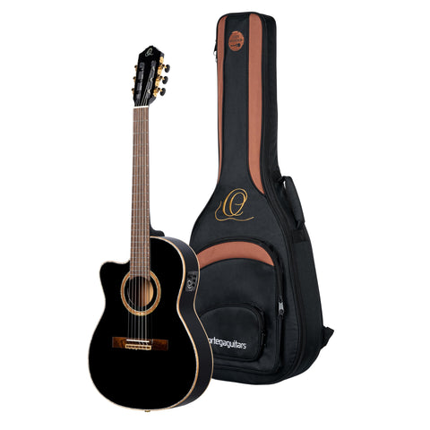 Ortega Guitars 6 String Performer Series Solid Slim Neck Acoustic-Electric Nylon Classical Guitar w/Bag, Right-Handed, Black Top, 4/4 (RE238SN-BKT)