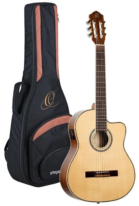 Ortega Guitars 6 String Family Series Pro Left-Handed Solid Top Acoustic-Electric Nylon Classical Guitar w/Bag, Full (RCE141NT-L)