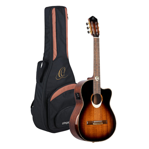 Ortega Guitars 6 String Private Room Striped Ebony Suite w/Arm Rest Solid Top Slim Neck Acoustic-Electric Nylon Classical Guitar w/Bag, Right, natural (STRIPEDSU.C/E)