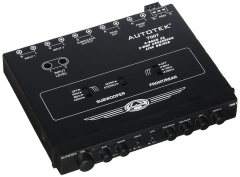 Autotek 7007 Multiple Source Signal Processor (Black) – .5 Inch DIN, 2-Way, 4-Band EQ, 9 Volt Line-Driver, 2 Inputs, 3 Outputs, Master Volume Control, Subwoofer Control, Includes Bass Remote