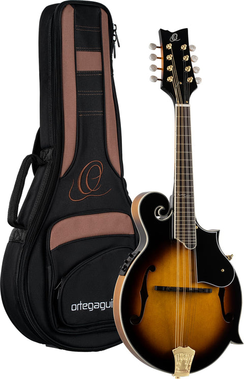 Ortega Guitars, 8-String F-Style Series All Solid Acoustic-Electric Mandolin w/Bag, Right, Gold (RMFE100AVO)
