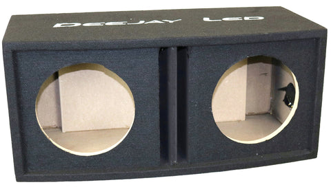 Double 10-in Center Port Vented Round Empty Car Bass Speaker Box 9-1/8-in Round Openings for two 10-in Woofers Rounded Front with Divergent Angles Carpet Stitched Logo DEEJAY LED 2X10ROUNDVENTED